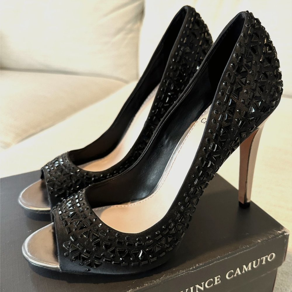 Vince Camuto Black Satin Fabric Peep Toe with Rhinestones, Size 9